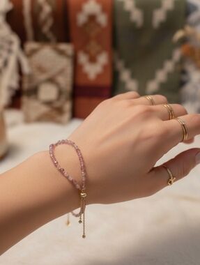 LUNA NORTE 18kt Gold Pink Amethyst Tourmaline Slider Adjustable Bracelet